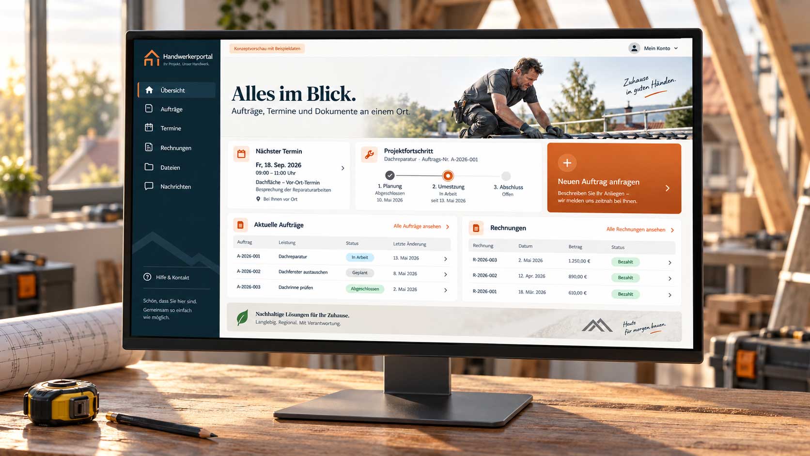 Konzeptansicht eines Kundenportals für einen Handwerksbetrieb mit Aufträgen, Terminen und Dokumenten