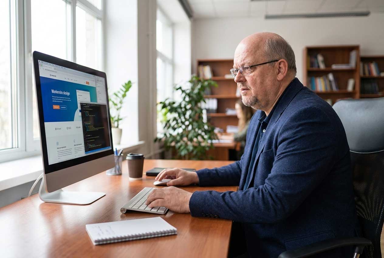 Heiko Lüdemann am Schreibtisch bei der Arbeit an einer Website